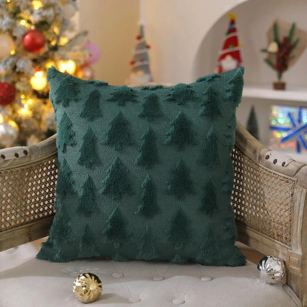 Soft Plush 18x18” Christmas Throw Pillow Covers - Green, Set of 2 for Cozy Decor